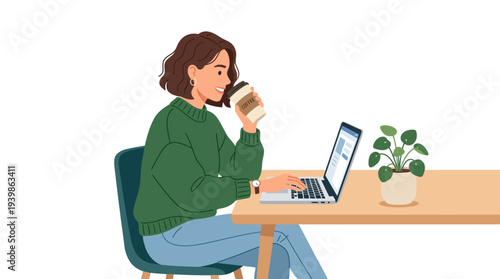 Cozy remote work bliss in a minimalist flat illustration style.