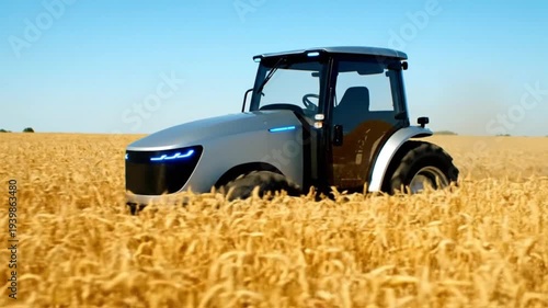 Autonomous Agricultural Machinery Driverless Electric Tractor Working in Golden Wheat Field Loop
