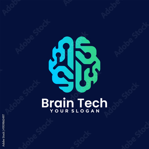 Futuristic brain technology logo concept with AI, neural network, innovation, and smart digital