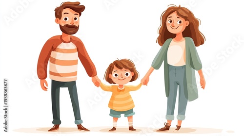 Happy family of three holding hands together in cartoon illustration