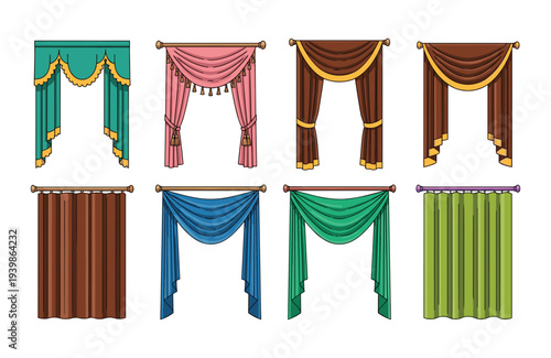 Luxury window curtains and drapes vector set with valances and fabric upholstery