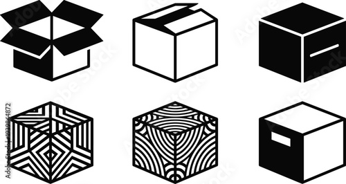 Set of black delivery box icons featuring open cardboard boxes, shipping packages, geometric patterned cubes, and storage containers for logistics, transport,