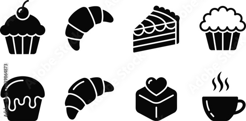 black bakery and cafe icons featuring croissants, cupcakes with cherries, layered cake slices, muffins, heart desserts, and steaming hot coffee cups on white