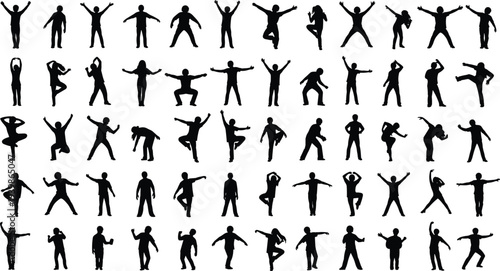 Collection of black human silhouettes showing various body poses, gestures, and movements, isolated on white background, ideal for fitness, dance, action, and lifestyle concepts