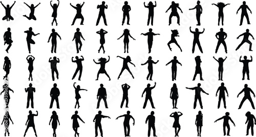 Large collection of human silhouettes in various standing, jumping, and expressive poses, isolated on white background, ideal for lifestyle, motion, activity, and people concepts