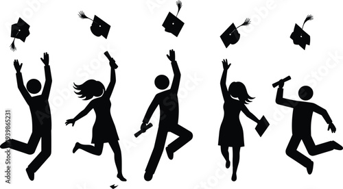 Graduation celebration silhouettes of students jumping and throwing caps in the air, isolated on white background, symbolizing academic success, achievement, education, and future aspirations