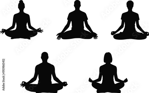 Silhouette of people meditating in lotus position, yoga mindfulness illustration, calm posture design, inner peace concept, black artwork