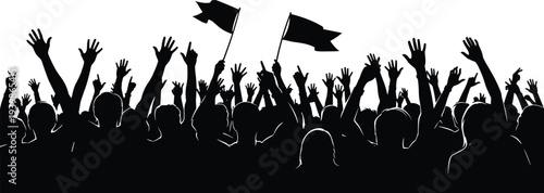 Large crowd silhouette with raised hands and flags, isolated on white background, representing protest, unity, freedom, political movement, demonstration, activism, and social change concepts