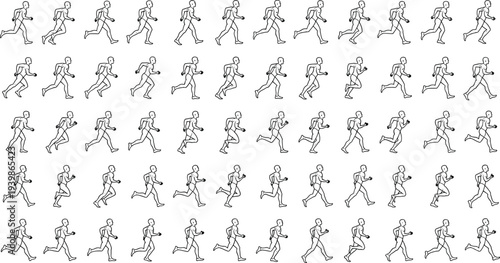Running man animation sequence showing human walk and run cycle frames, isolated on white background, ideal for motion study, sports training, fitness, and movement illustration concepts