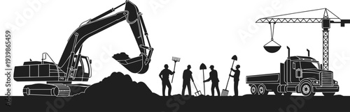 Construction site silhouettes with workers, excavator, dump truck, crane, heavy machinery, teamwork, labor tools, industrial scene, black and white illustration