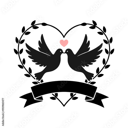 Two Love Birds Doves Kissing With Heart Shape Wreath And Ribbon