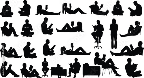 Collection of people reading book silhouettes in various sitting and relaxing positions, isolated on white background, representing education, learning, leisure, and lifestyle concepts