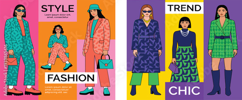 A vibrant graphic design concept illustrating diverse contemporary fashion styles and apparel trends for modern women, showcasing individuality and chic elegance
