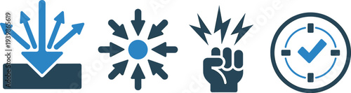 Abstract icons of impact, focus, strength, and precision, conceptual illustration, business and science design, black and blue artwork