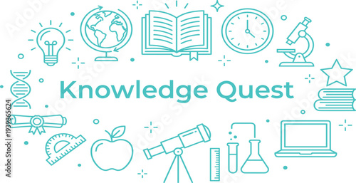Comprehensive set of outlined educational and scientific vector icons representing learning, discovery, and academic exploration for knowledge growth