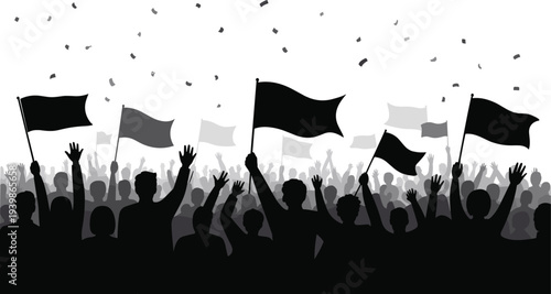 Silhouette of crowd waving flags, protest or celebration scene, unity illustration, confetti falling, collective action, black and white design