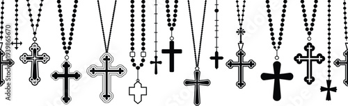 Silhouette of rosary necklaces with cross pendants, Christian religious jewelry illustration, faith symbol design, black and white artwork