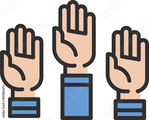 Silhouette of raised hands with blue sleeves, volunteering and participation illustration, voting concept design, collective engagement artwork