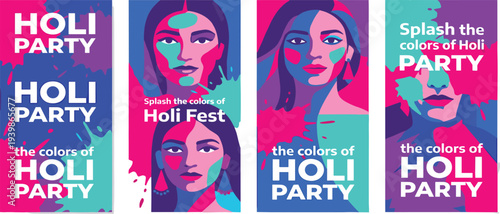 Vibrant Holi festival celebration banners featuring diverse women with colorful faces and artistic paint splashes, perfect for cultural event promotions and joyful design