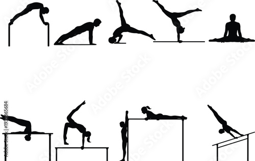 Silhouette of gymnasts performing exercises, floor routines, parallel bars, uneven bars, strength and flexibility illustration, artistic black design
