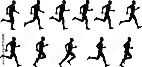 Running man silhouette sequence showing motion stages, athletic sprint action and fitness concept, black human figures isolated on white background for sport and movement design