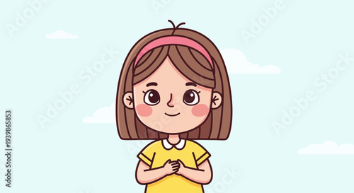 Cute cartoon girl with short brown hair and pink headband, smiling, yellow shirt, outdoor background