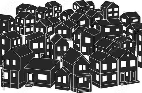 Silhouette of stylized houses, urban neighborhood illustration, architectural design concept, compact housing artwork, black and white vector