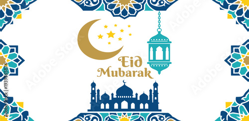 Festive Eid Mubarak greeting card design featuring a mosque, crescent moon, stars, and traditional Islamic geometric patterns, celebrating the festival of Eid