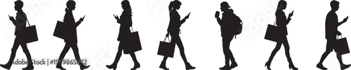 Set of 7 business people walking silhouettes vector