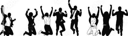 Business people silhouettes jumping with raised fists celebrating success, teamwork, motivation and achievement concept, happy corporate group expressing victory and positive energy on white 