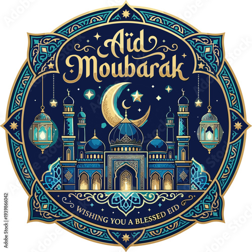 Beautiful Eid Mubarak illustration featuring a mosque under a crescent moon and stars with ornate lanterns, wishing a blessed holiday
