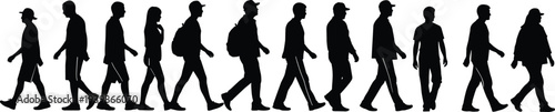 Walking people silhouettes in side view showing diverse adults moving forward together, human crowd concept for lifestyle, travel, migration and urban daily life illustration