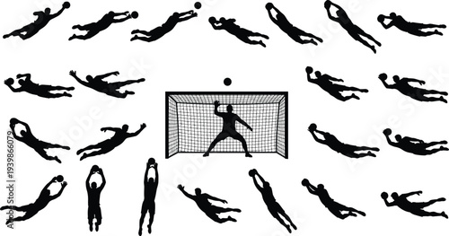 Soccer goalkeeper silhouette set showing diving saves and catching ball actions around goalpost, football sport concept illustration isolated on white background