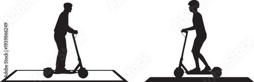 Set of 2 black electric scooter rider silhouettes vector