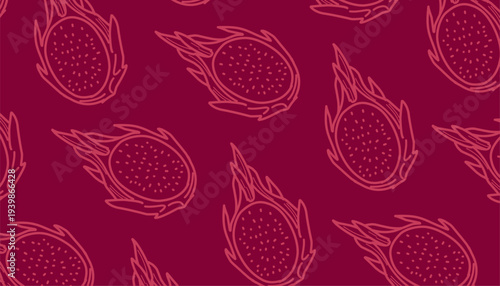 Dragon Fruit Seamless Pattern Vector. Hand Drawn Pitaya Tropical Fruit Illustration. Outline Doodle Style Repeating Food Background. Decorative Exotic Fruit Texture.