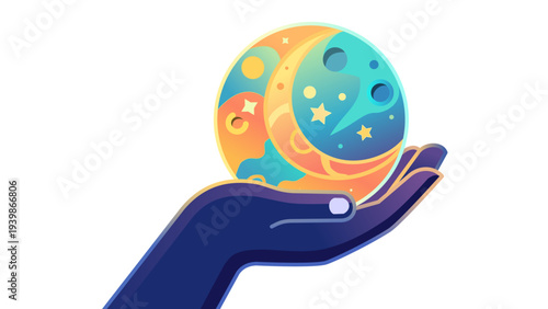 Mystical hand holding a colorful celestial moon. Modern cosmic vector for astrology, wellness, and manifestation branding.