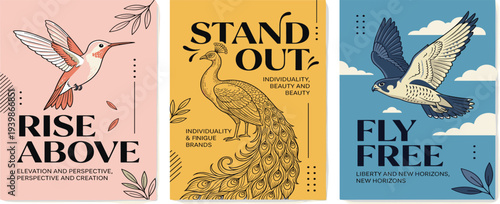 Collection of Stylized Avian Illustrations Symbolizing Empowerment, Self-Expression, and the Pursuit of Dreams with Vibrant Designs