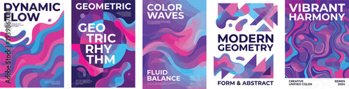 Abstract Geometric Patterns and Vibrant Fluid Dynamics in a Set of Modern Graphic Designs