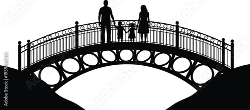 Title: Silhouette of a family of three holding hands on an ornate arched bridge symbolizing unity support connection across a scenic valley.