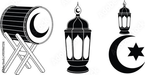 Islamic Ramadan and Eid Mubarak icon set with bedug drum lantern crescent moon star black silhouette vector illustration
