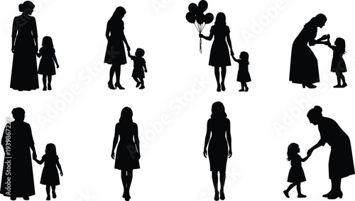 Title: Collection of eight black silhouettes showing women and children in varied caregiving interactions capturing maternal bonds nurturing moments across diverse everyday scenes.
