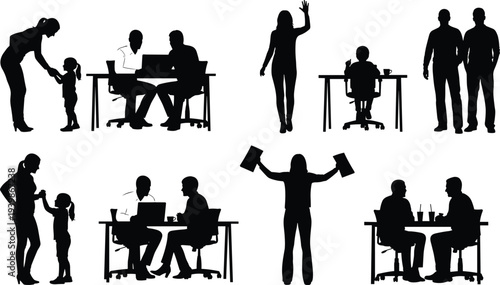 Title: Collage of six black silhouette scenes showing adult child interactions mentorship teamwork meetings presentations and family communication in minimalist vector style.