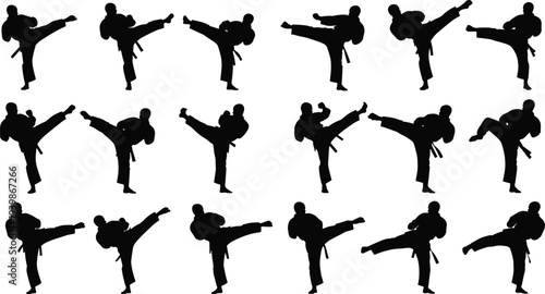 Karate high kick martial arts silhouette set, fighter kicking action poses collection isolated vector for combat sport training and self defense practice