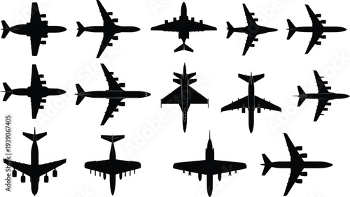 Airplane and fighter jet silhouettes collection from top and side views isolated on white background for aviation, military and transportation design