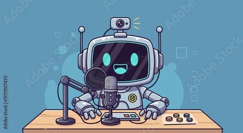 Cute robot podcaster with microphone and webcam, pixel art style, broadcasting online