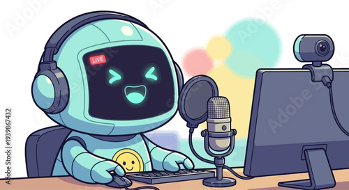 Cute robot streamer with headphones and microphone broadcasting live on computer