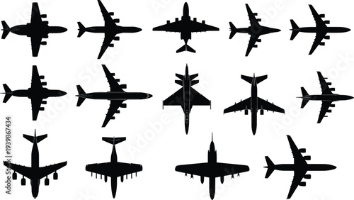 Collection of airplane and fighter jet silhouettes from top view isolated on white background for aviation, military aircraft and transportation design