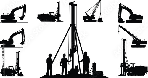 Construction machinery and drilling rig silhouettes with workers, excavator, crane and heavy equipment collection isolated for industrial engineering and construction projects