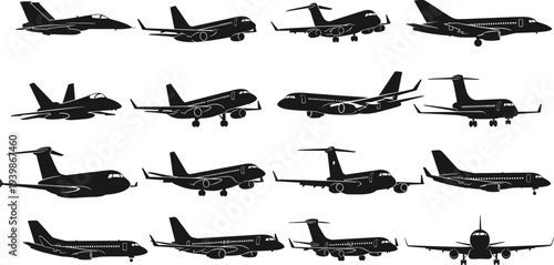 Commercial passenger airplane silhouette collection with multiple jet aircraft views isolated for aviation transportation, airline travel, aerospace industry and flight design projects
