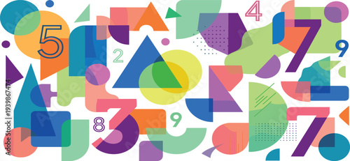 Vibrant and Playful Geometric Abstract Background with Overlapping Numbers and Colorful Shapes for Educational or Modern Design Projects